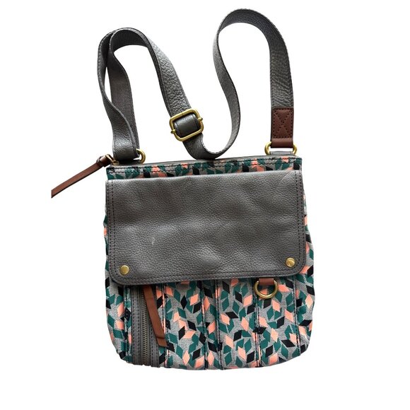 Fossil Crossbody Morgan Traveler Bag Adjustable Strap Geometric Green Coral - Picture 4 of 6